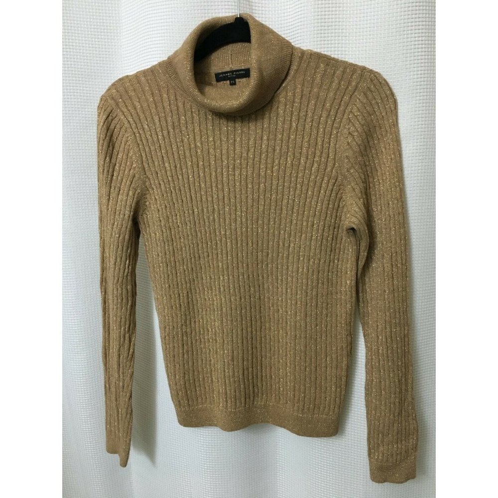 Jeanne Pierre Women's Cowl Neck Sweater Size PS Holiday Gold Metallic Taupe